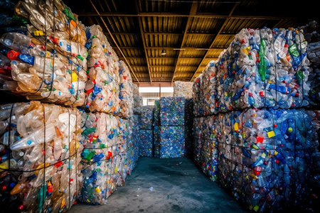 Plastic bottle waste recycling center. Ecological recycling of plastic. Ai generativeの素材