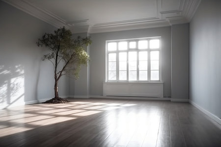 Empty room with white walls, with daylight from window and shadow on wall from tree. Ai generativeの素材