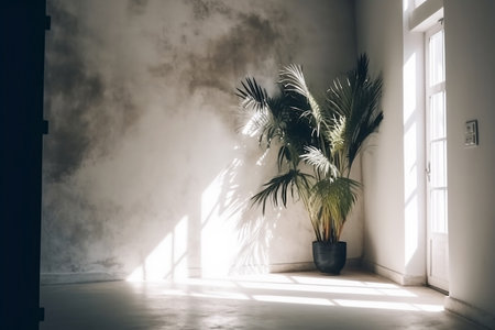 Potted palm tree stands on floor in room and casts shadow on white wall from sunny window. Ai generativeの素材