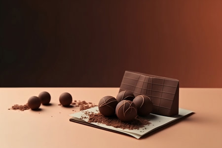 Dark chocolate candy on table. Chocolate day illustration. Ai generativeの素材