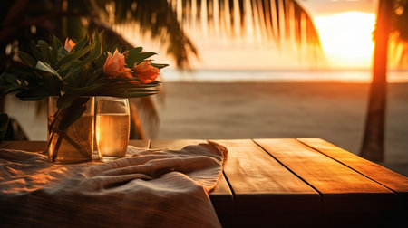 Empty wooden table with flowers in vase for product display with sunset on sea beach and palms blurred background. Ai generativeの素材