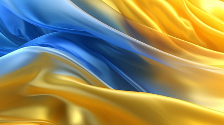 Yellow and blue transparent wave fabric abstract background. Ai generativeの素材