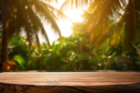 Empty wooden table for product display with blurred tropical palm background. Ai generativeの素材
