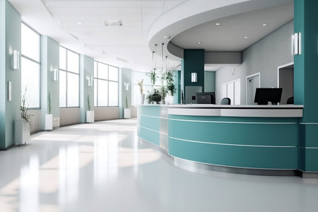 Light empty contemporary white turquoise hospital reception room. Ai generativeの素材
