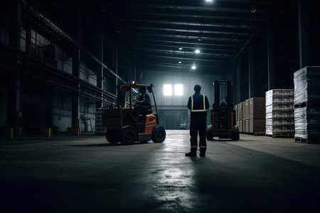 Contemporary warehouse of delivery company with workers and loaders. Ai generativeの素材
