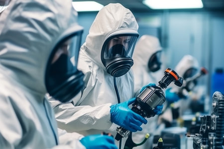 Employees of contemporary technological laboratory in protective suits at work. Ai generativeの素材