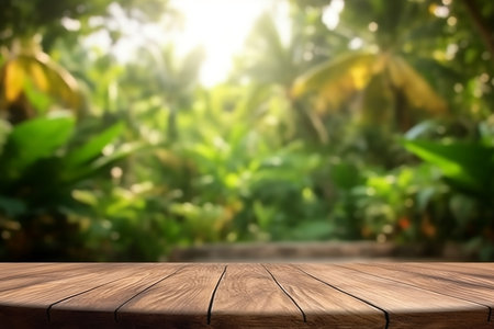 Empty wooden table for product display with blurred jungle background. Ai generativeの素材