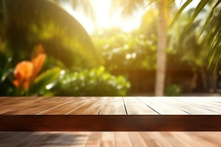 Empty wooden table for product display with blurred tropical background. Ai generativeの素材