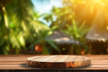 Empty wooden table for product display with blurred tropical palm background. Ai generativeの素材