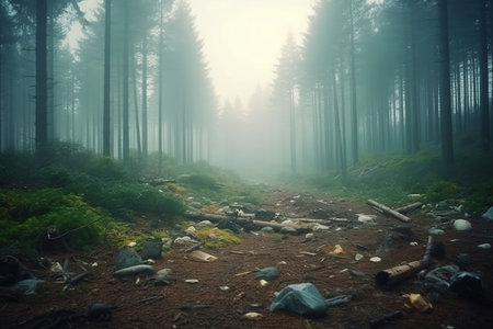 Forest pollution with garbage, environmental, ecological disaster. Ecological theme save planet concept. Ai generativeの素材