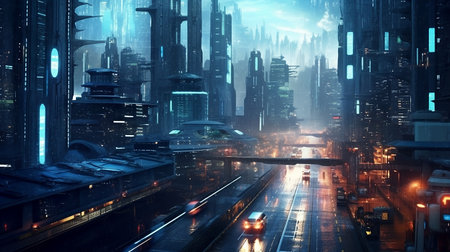 Futuristic landscape city background. Urban wallpaper. Ai generativeの素材