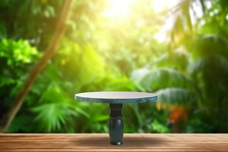 Empty wooden table for product display with blurred green jungle background. Ai generativeの素材