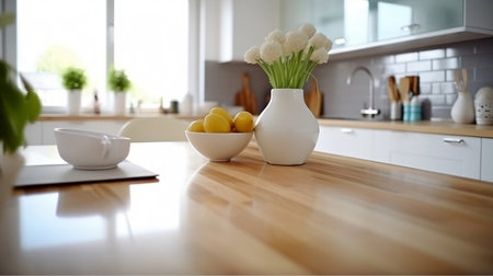 Citrus fruits in plate on white table on background of blurred contemporary kitchen. Ai generativeの素材