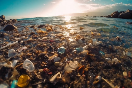Ocean pollution with garbage, environmental, ecological disaster. Ecological theme save planet concept. Ai generativeの素材