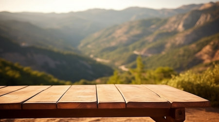 Empty wooden table for product display with blurred sunny mountains background. Ai generativeの素材