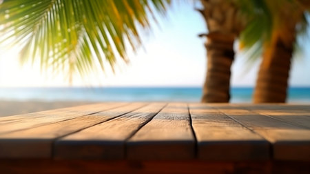 Empty wooden table for product display on sea beach and palms blurred background. Ai generativeの素材