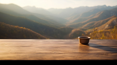 Empty wooden table for product display with blurred sunny mountains background. Ai generativeの素材