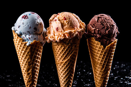 Various ice cream flavors in cones on black background, generative aiの素材