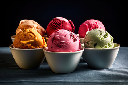 Various ice cream flavors in bowl on kitchen counter, generative aiの素材