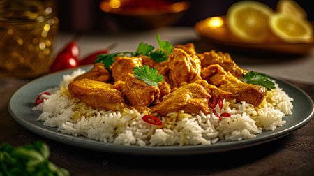 Well decorated chicken tikka masala curry with rice on kitchen counter, generative aiの素材