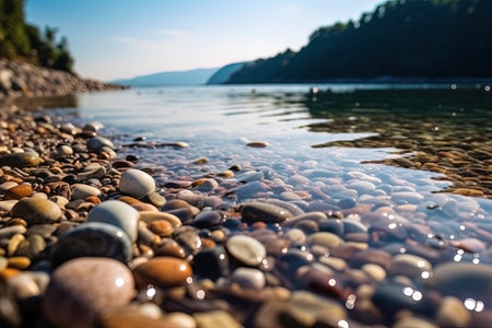 Close up view of pebbles on beach on sunny day, ai generatedの素材