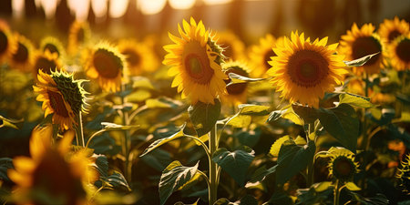 Close up of sunflower field in sunset, generative aiの素材
