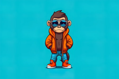 Monkey in jacket wearing sunglasses and standing and looking at camera, ai generativeの素材