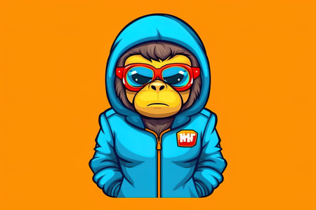 Monkey in hoodie wearing sunglasses and standing and looking at camera, ai generativeの素材