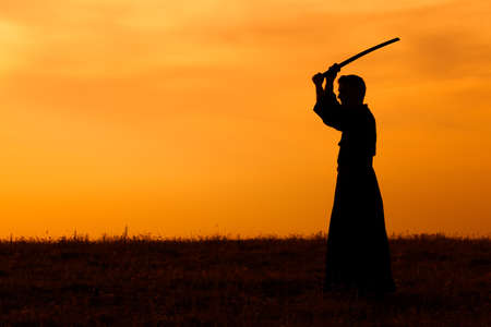 Silhouette of kendo fighter holding bokutoの写真素材