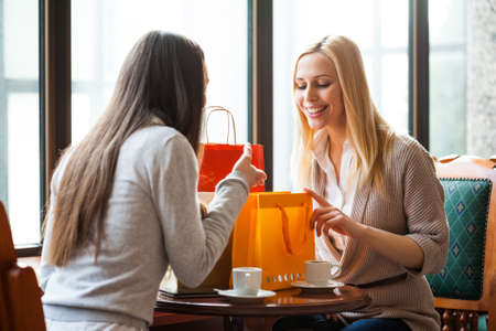 Two women talking in a cafe after shopping, photo taken with ambient lightの写真素材