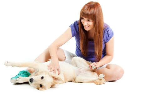 Woman having fun with her dogの写真素材