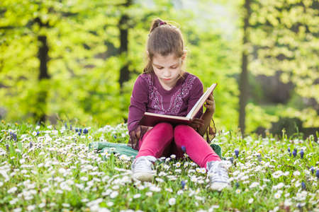 Little girl reading book in parkの写真素材