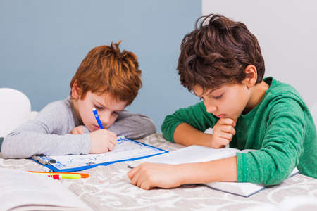 Brothers are doing homework together at home.の写真素材