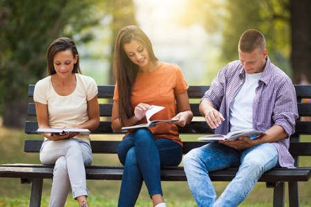 Three students are sitting on bench in park and learning.の写真素材