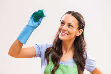 Portrait of housewife who is obsessed with cleaning.