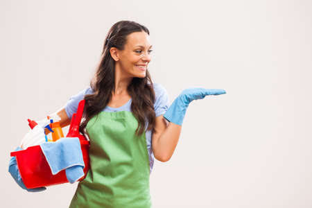 Portrait of housewife who is ready for housework.の写真素材