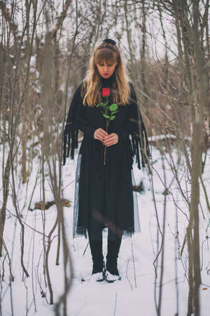 Lonely woman is standing in forest and holding red rose.の写真素材