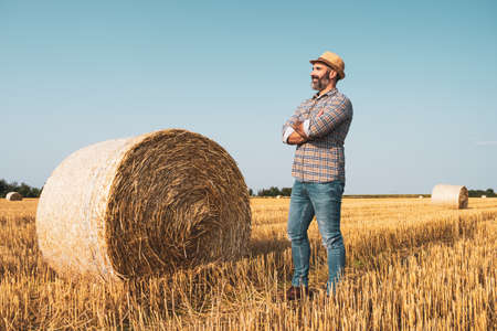Happy farmer is standing beside bales of hay. He is satisfied because of successful harvesting.の写真素材
