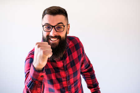 Portrait of man who is ecstatic. Copy space on image for your text or advert.