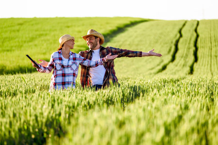Man and woman are working together. They are cultivating wheat. They are happy because of good season.の写真素材