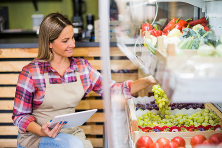 Woman works in fruits and vegetables shop. She is examining goods.の写真素材