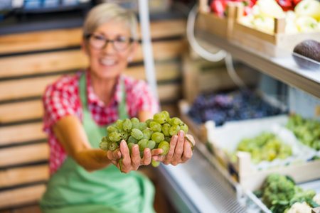 Woman works in fruits and vegetables shop. She is examining grapes.の写真素材