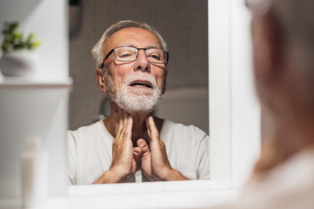 Senior man is applying after shave after beard trimming.の写真素材