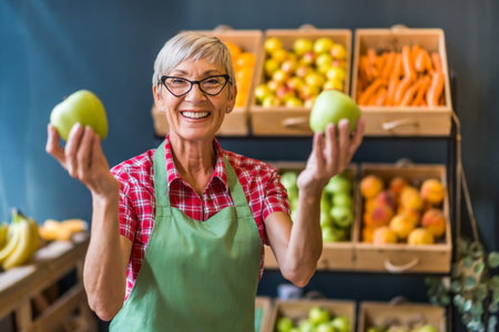 Worker in fruits and vegetables shop is holding apples.の写真素材
