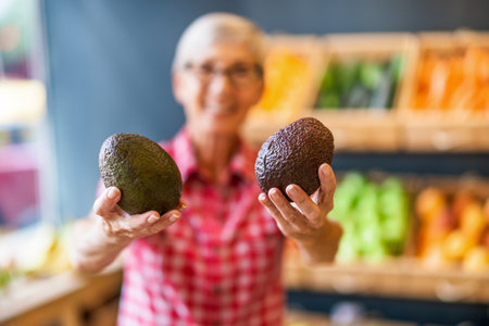 Worker in fruits and vegetables shop is holding avocado. Close up of avocado.の写真素材