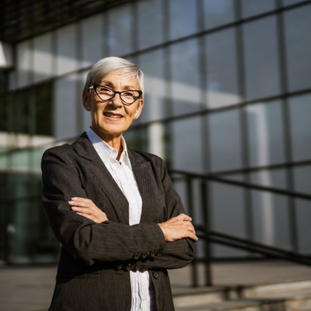 Outdoor portrait of successful mature businesswoman in front of company building.の写真素材