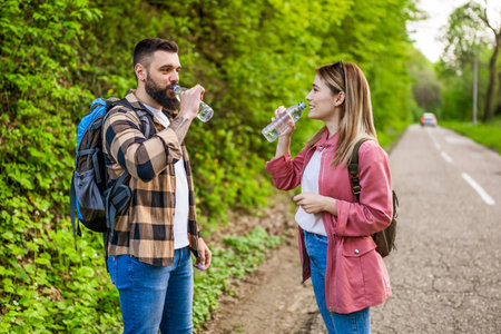 Happy couple hiking in nature and drinking water. Couple enjoying their vacation.の写真素材