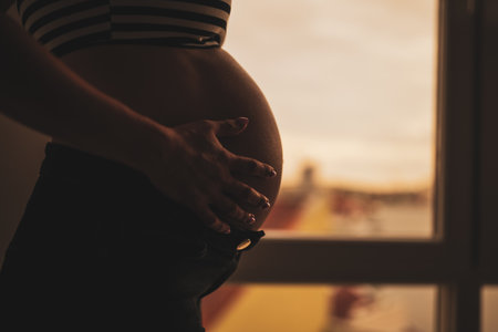 Close up of pregnant woman standing beside window and holding her belly. Close up silhouette of pregnant woman belly.の写真素材