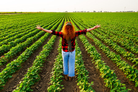 Female farmer is cultivating soybean. She is satisfied with good progress of plants. Agricultural occupation.の写真素材