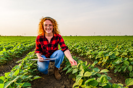 Portrait of female farmer who is cultivating soybean. She is satisfied with good progress of plants. Agricultural occupation.の写真素材